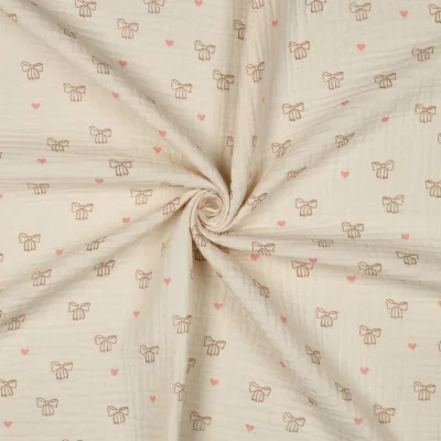 Tissu Double gaze de Coton Bio Noeuds pap sur fond Ecru - Par 10 cm