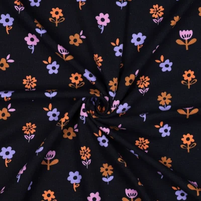 Tissu Jersey Nid d&#039;abeille imprimé Fleuris sur fond Noir - Par 10 cm