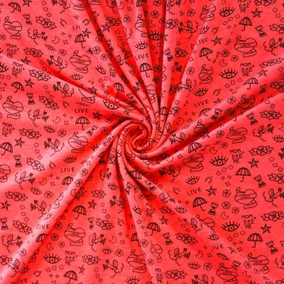Coupon Tissu Jersey Coton imprimé Symboles Love&amp;Live Noirs sur fond Rose fluo légèrement chiné - Coupon de 40 cm