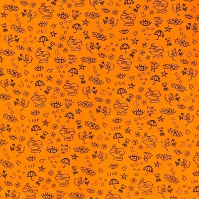 Tissu Jersey Coton imprimé Symboles Love &amp; Live Noirs sur fond Orange fluo - Par 10 cm