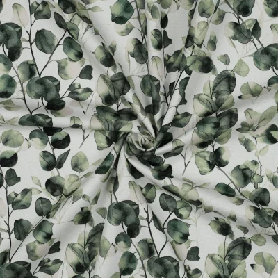 Tissu Toile de Coton Canvas digital Eucalyptus sur fond Blanc - Par 10 cm
