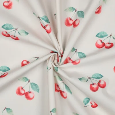 Tissu Nappe imperméable digital Cerises sur fond Blanc - Par 10 cm