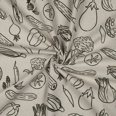 Tissu Toile Coton Canvas aspect Lin Légumes du Jardin sur fond Naturel - Par 10 cm