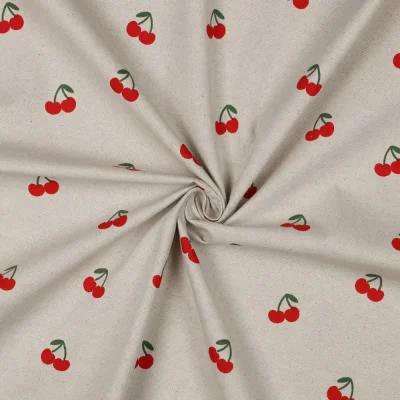 Tissu Toile Coton Canvas aspect Lin Petites Cerises sur fond Naturel - Par 10 cm