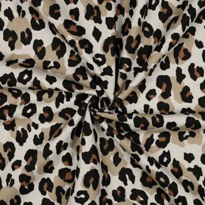 Tissu Toile Coton Canvas aspect Lin Léopard Noir sur fond Naturel - Par 10 cm