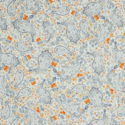 Tissu Double gaze de Coton Paisley fleuris bleu sur fond Blanc cassé - Par 10 cm