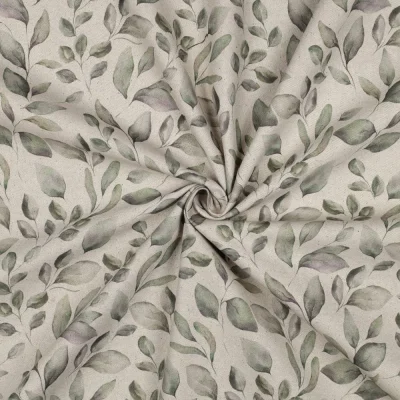 Tissu Toile Coton Canvas aspect Lin feuilles Eucalyptus sur fond Naturel - Par 10 cm