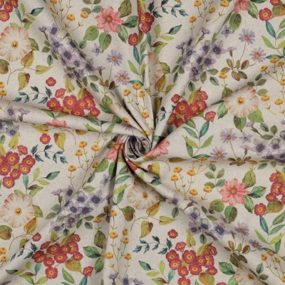 Tissu Toile Coton Canvas aspect Lin Jardin Bohème sur fond Naturel - Par 10 cm