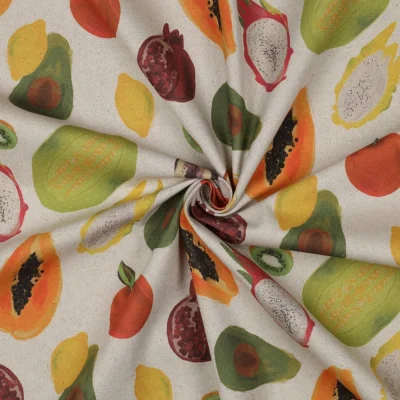 Tissu Toile Coton Canvas aspect Lin Fruits Exotiques sur fond Naturel - Par 10 cm