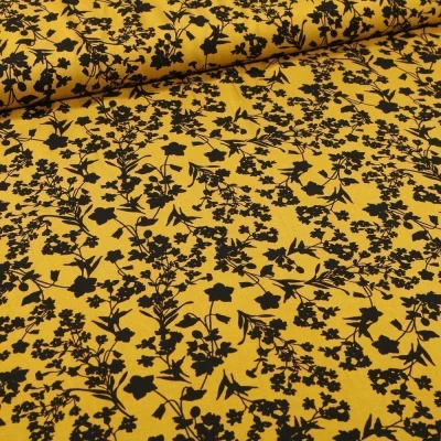 Tissu Viscose Bouquets de fleurs noirs sur fond Jaune - Par 10 cm