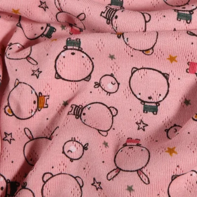 Coupon Tissu Jersey ajouré Petits oursons et lapins sur fond Rose - Coupon de 90 cm