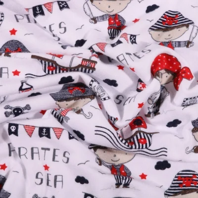 Tissu Jersey Coton Mini pirates sur fond Blanc - Par 10 cm