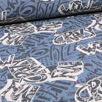 Tissu Sweat envers minky Graf&#039; sur fond Bleu denim - Par 10 cm