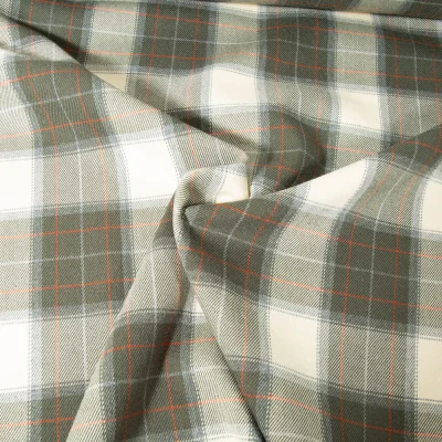 Tissu Tartan Ecossais Vert kaki sur fond Blanc cassé - Par 10 cm