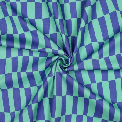 Tissu Popeline de Coton Bio Jennifer Bouron carreaux Bleu sur fond Vert - Par 10 cm