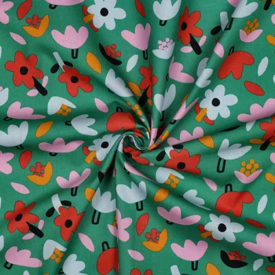 Tissu Popeline de Coton Bio Jennifer Bouron fleurs sur fond Vert - Par 10 cm