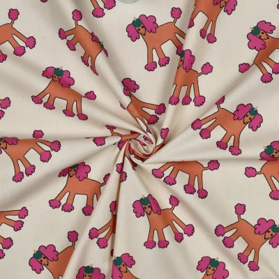 Tissu Popeline de Coton Bio Jennifer Bouron chiens Orange sur fond Ecru - Par 10 cm