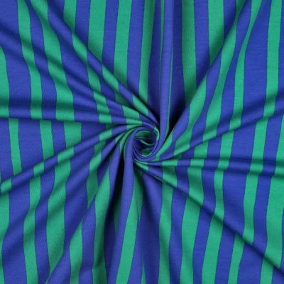 Tissu Sweat léger Bio Jennifer Bouron rayures Vert sur fond Bleu - Par 10 cm