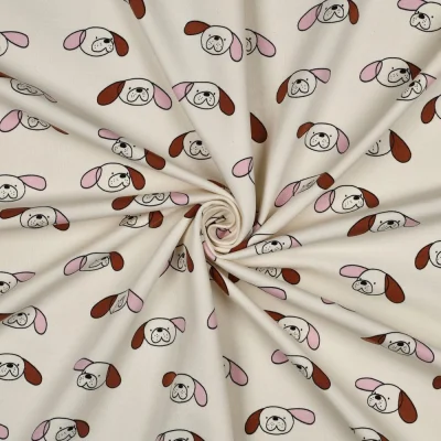 Tissu Sweat léger Bio Jennifer Bouron chiens Rose et Marron sur fond Ecru - Par 10 cm