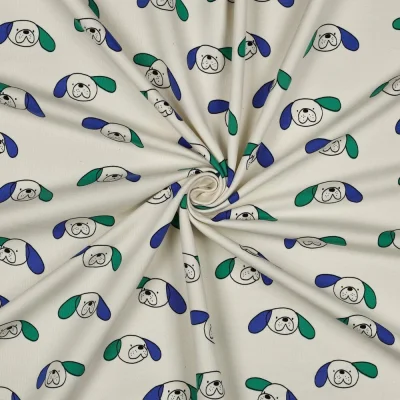 Tissu Sweat léger Bio Jennifer Bouron chiens Bleu et Vert sur fond Ecru - Par 10 cm