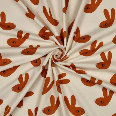 Tissu Jersey Coton Bio Jennifer Bouron lapins Terracotta sur fond Ecru - Par 10 cm