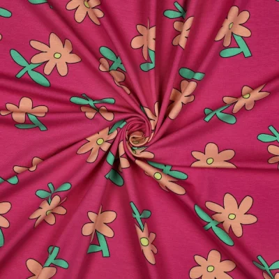 Tissu Jersey Coton Bio Jennifer Bouron fleurs Abricot sur fond Magenta fuschia - Par 10 cm