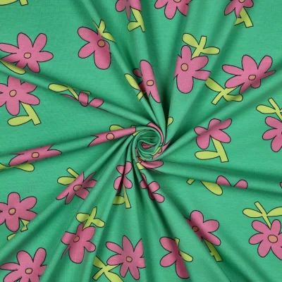 Tissu Jersey Coton Bio Jennifer Bouron fleurs Rose sur fond Vert - Par 10 cm
