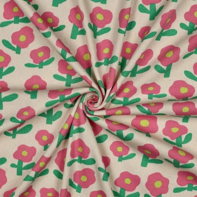 Tissu Jersey cotêlé Bio Jennifer Bouron fleurs Rose et Vert sur fond Ecru - Par 10 cm