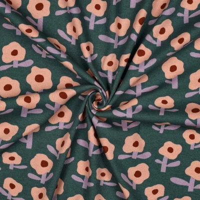 Tissu Jersey cotêlé Bio Jennifer Bouron fleurs Saumon sur fond Vert foncé - Par 10 cm