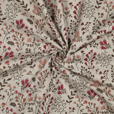 Tissu Toile Polycoton canvas enduit aspect lin petites fleurs Mauve sur fond Naturel - Par 10 cm