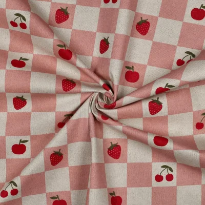 Tissu Toile Polycoton canvas enduit aspect lin Bella carreaux Rose sur fond Naturel - Par 10 cm