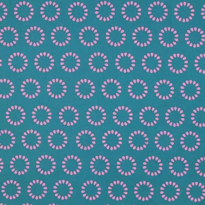 Tissu Polycoton  Rosace Pop fuchsia sur fond Bleu canard - Par 10 cm