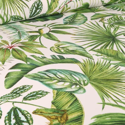 Tissu Toile de Coton Feuilles de palmiers sur fond Ecru - Par 10 cm