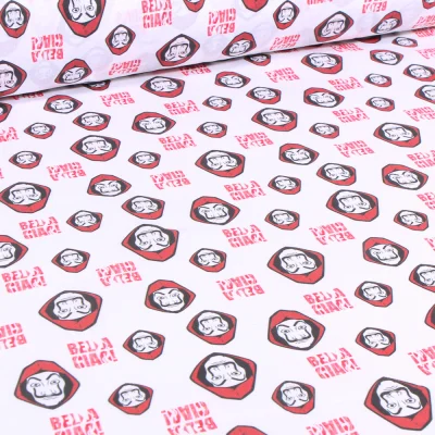 Tissu Coton imprimé sous licence Casa de papel rouge sur fond Blanc - Par 10 cm