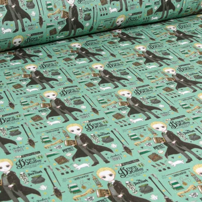 Tissu Coton imprimé sous licence Drago Malefoy Kawai sur fond Vert menthe - Par 10 cm