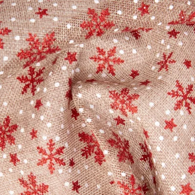 Tissu Jute imprimé Christmas flocons Rouge sur fond Naturel - Par 10 cm