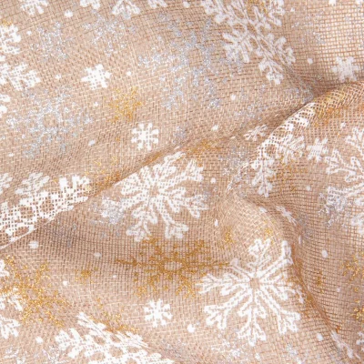 Tissu Jute imprimé Christmas flocons Blanc sur fond Naturel - Par 10 cm
