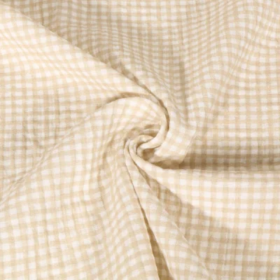Tissu Double gaze de Coton Vichy beige sur fond Blanc - Par 10 cm