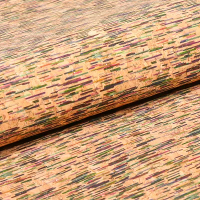 Coupon Tissu Liège Traits colorés sur fond Naturel - Coupon de 30 cm