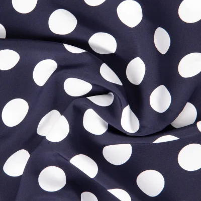 Tissu Crêpe léger Grand pois Blancs sur fond Bleu marine - Par 10 cm