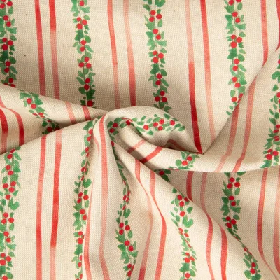 Tissu Toile de Coton aspect Lin Xmas rayures Rouge et Vert sur fond Naturel - Par 10 cm