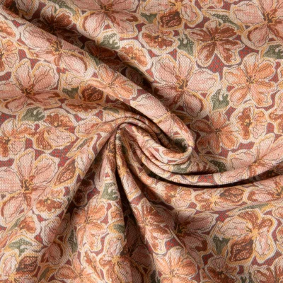 Tissu Toile de Coton aspect Lin Euphoria vintage sur fond Terracotta - Par 10 cm