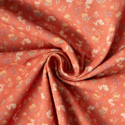 Tissu Toile de Coton aspect Lin Euphoria mini champêtre sur fond Orange - Par 10 cm