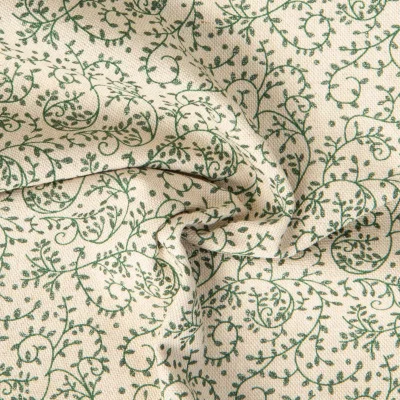 Tissu Toile de Coton aspect Lin Shine motif floral Vert pailleté sur fond Naturel - Par 10 cm