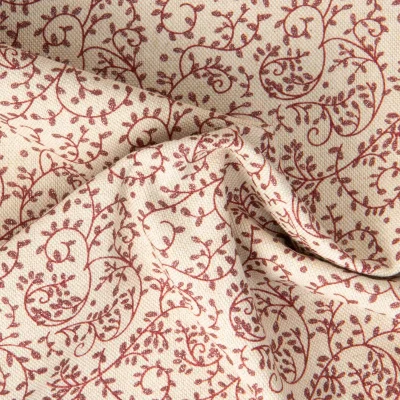Tissu Toile de Coton aspect Lin Shine motif floral Bordeaux pailleté sur fond Naturel - Par 10 cm