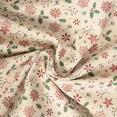 Tissu Toile de Coton aspect Lin Nino fleurs de Noël sur fond Naturel - Par 10 cm