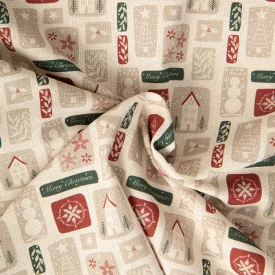 Tissu Toile de Coton aspect Lin Nino esprit de Noël sur fond Naturel - Par 10 cm