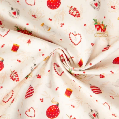 Tissu Popeline de Coton imprimé Robin boules de Noël sur fond Ecru - Par 10 cm