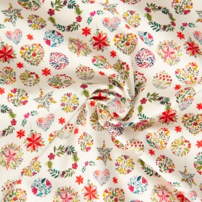 Tissu Popeline de Coton imprimé Robin décoration Noël sur fond Ecru - Par 10 cm