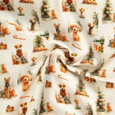 Tissu Popeline de Coton imprimé Robin animaux de Noël sur fond Ecru - Par 10 cm